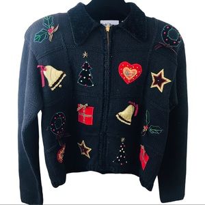 90's Christmas Cardigan Hand Knitted  Petite Med Zip Front Holly Pre…